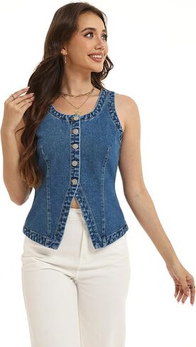 D-Sun Women Sleeveless Denim Vest Crewneck Button Down Jean Waistcoat Casual Front Slit Slim Denim Tank Top in Saudi Arabia