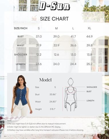 D-Sun Women Sleeveless Denim Vest Crewneck Button Down Jean Waistcoat Casual Front Slit Slim Denim Tank Top in Saudi Arabia
