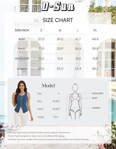 D-Sun Women Sleeveless Denim Vest Crewneck Button Down Jean Waistcoat Casual Front Slit Slim Denim Tank Top in Saudi Arabia