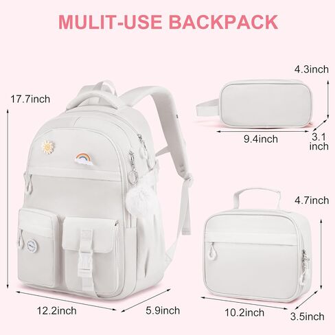 School Backpack for Teen Girls, 3PCS Set with Lunch Bag & Pencil Case, Ergonomic Straps Bookbag for Elementary to Middle School Students, Pink in Kuwait