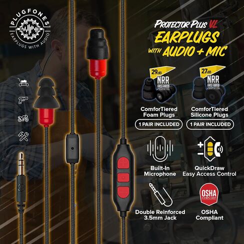 Plugfones Protector Plus VL in-Ear Earplug Earbuds, Noise Reduction Headphones with Noise Isolating Mic and Controls, Blue & Yellow in Kuwait