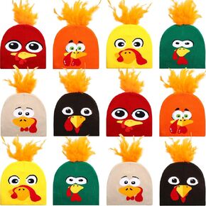 12 Pcs Thanksgiving Turkey Knitted Beanie Hats - 6 Colors with Orange Feathers, Funny Cosplay Caps for Party, Outdoor (Adults & Teens) in Kuwait