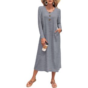 MOLERANI Women's Long Sleeve Maxi Dress with Pockets - Casual, Knit, Loose, Button, Crew Neck, Lightweight(XS-3XL) in Kuwait