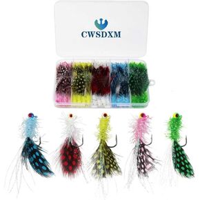 Crappie Jig Heads Kit, Lifelike Eyes Marabou Hair Jigs with Coloured Spotted Feather and Sharp Hooks for Panfish Crappie Walleye Striper Fishing 1/8 1/14 1/28 oz in Kuwait