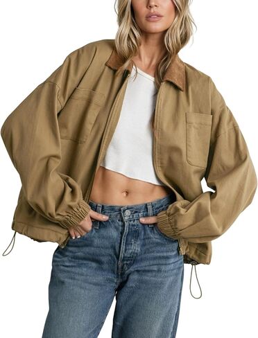 سترة نسائية من Barn Jacket ذات ياقة قصيرة وسحاب، سترة عمل بحاشية قابلة للضبط مع جيوب in Kuwait