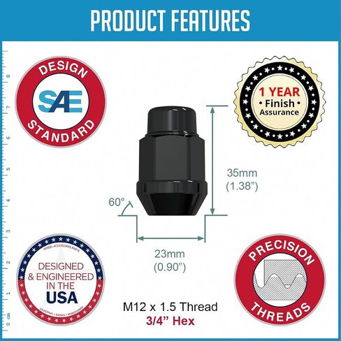 أجزاء إكسسوارات العجلات 24 قطعة M12x1.5 12x1.5 خيط منتفخ بلوط 35 مم 1.38 بوصة صواميل طويلة سوداء 3/4 بوصة 19 مم سداسية تناسب 2004-12 تشيفي كولورادو جي إم سي كانيون ｜ 21+ فورد برونكو (بدون رابتور) ｜ 19+ رينجر in Saudi Arabia