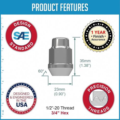 Wheel Accessories Parts 20 Pcs 1/2"-20 Thread Bulge Acorn 35mm 1.38" Long Lug Nuts Chrome 3/4" 19mm Hex Fits 1964-14 Ford Mustang ｜ 1959-86 Jeep CJ ｜ 1987-18 Jeep Wrangler ｜ 1993-10 Grand Cherokee in Saudi Arabia