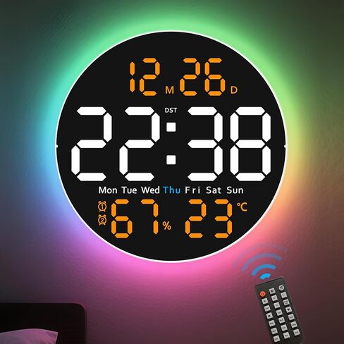 10 Inch Large Digital Wall Clock with 9 Color Changing Remote Control, Date Week Temperature, Auto Brightness Dimmer Clock Night Lights,Blue+Green in Kuwait