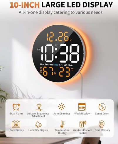 10 Inch Large Digital Wall Clock with 9 Color Changing Remote Control, Date Week Temperature, Auto Brightness Dimmer Clock Night Lights,Blue+Green in Kuwait