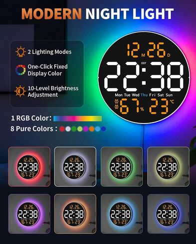 10 Inch Large Digital Wall Clock with 9 Color Changing Remote Control, Date Week Temperature, Auto Brightness Dimmer Clock Night Lights,Blue+Green in Kuwait