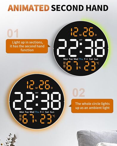10 Inch Large Digital Wall Clock with 9 Color Changing Remote Control, Date Week Temperature, Auto Brightness Dimmer Clock Night Lights,Blue+Green in Kuwait