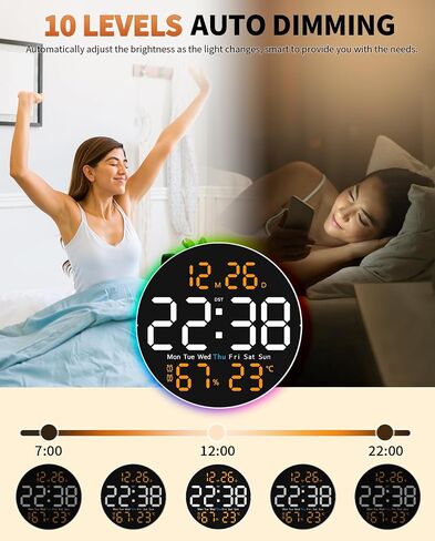 10 Inch Large Digital Wall Clock with 9 Color Changing Remote Control, Date Week Temperature, Auto Brightness Dimmer Clock Night Lights,Blue+Green in Kuwait