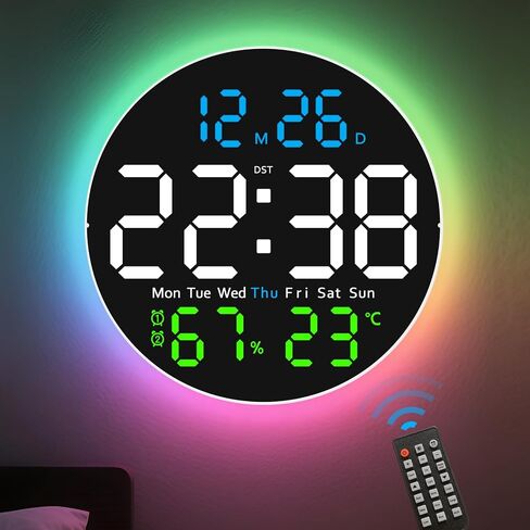 10 Inch Large Digital Wall Clock with 9 Color Changing Remote Control, Date Week Temperature, Auto Brightness Dimmer Clock Night Lights,Blue+Green in Kuwait
