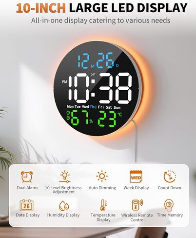 10 Inch Large Digital Wall Clock with 9 Color Changing Remote Control, Date Week Temperature, Auto Brightness Dimmer Clock Night Lights,Blue+Green in Kuwait
