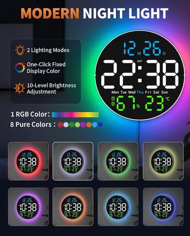 10 Inch Large Digital Wall Clock with 9 Color Changing Remote Control, Date Week Temperature, Auto Brightness Dimmer Clock Night Lights,Blue+Green in Kuwait