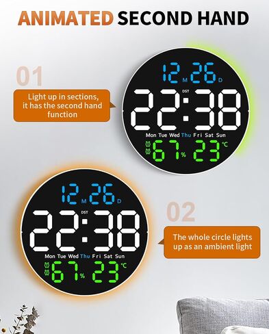 10 Inch Large Digital Wall Clock with 9 Color Changing Remote Control, Date Week Temperature, Auto Brightness Dimmer Clock Night Lights,Blue+Green in Kuwait