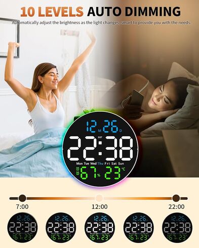 10 Inch Large Digital Wall Clock with 9 Color Changing Remote Control, Date Week Temperature, Auto Brightness Dimmer Clock Night Lights,Blue+Green in Kuwait