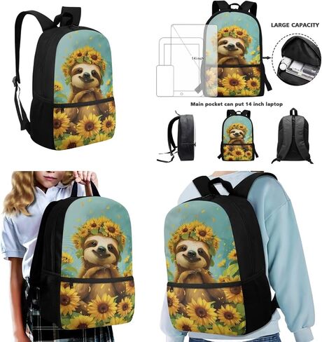 حقيبة ظهر للفتيات من Dolyues Sunflower Sloth مع صندوق غداء وحقيبة أقلام مقاس 17 بوصة حقيبة مدرسية لرياض الأطفال للفتيات حقيبة كتب على شكل حيوانات لطيفة للأطفال من سن 5 إلى 12 عامًا، حقائب مدرسية متينة للاستخدام اليومي واللعب في الهواء الطلق in Kuwait
