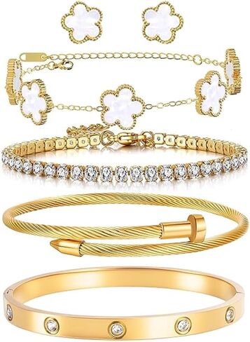 Freinit Bracelets and Earrings Set for Women 5Pcs 18K Gold Plated Nail love Bangle Bracelet Set Adjustable Bracelet Stackable Flower Tennis Bracelet Gifts for Christmas Valentines Women's Day and Mother's Day in Saudi Arabia