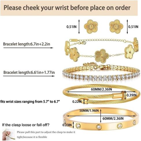 Freinit Bracelets and Earrings Set for Women 5Pcs 18K Gold Plated Nail love Bangle Bracelet Set Adjustable Bracelet Stackable Flower Tennis Bracelet Gifts for Christmas Valentines Women's Day and Mother's Day in Saudi Arabia