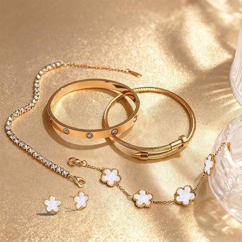 Freinit Bracelets and Earrings Set for Women 5Pcs 18K Gold Plated Nail love Bangle Bracelet Set Adjustable Bracelet Stackable Flower Tennis Bracelet Gifts for Christmas Valentines Women's Day and Mother's Day in Saudi Arabia