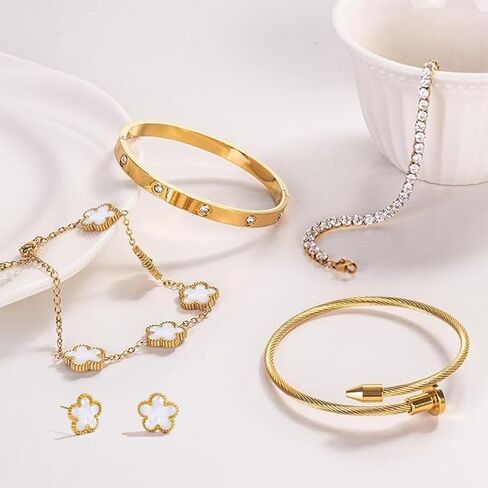 Freinit Bracelets and Earrings Set for Women 5Pcs 18K Gold Plated Nail love Bangle Bracelet Set Adjustable Bracelet Stackable Flower Tennis Bracelet Gifts for Christmas Valentines Women's Day and Mother's Day in Saudi Arabia