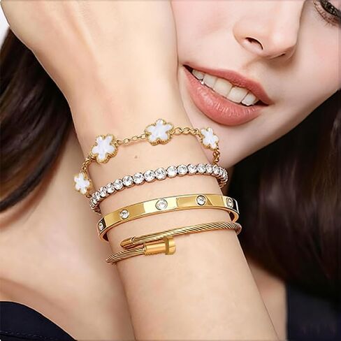 Freinit Bracelets and Earrings Set for Women 5Pcs 18K Gold Plated Nail love Bangle Bracelet Set Adjustable Bracelet Stackable Flower Tennis Bracelet Gifts for Christmas Valentines Women's Day and Mother's Day in Saudi Arabia