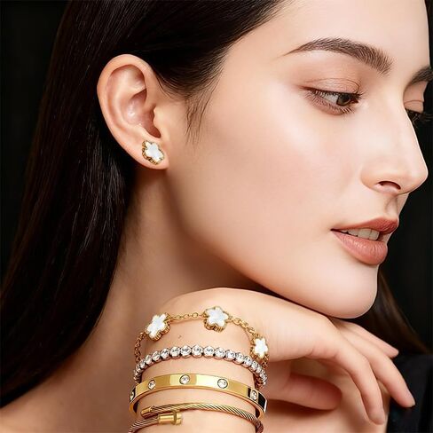 Freinit Bracelets and Earrings Set for Women 5Pcs 18K Gold Plated Nail love Bangle Bracelet Set Adjustable Bracelet Stackable Flower Tennis Bracelet Gifts for Christmas Valentines Women's Day and Mother's Day in Saudi Arabia