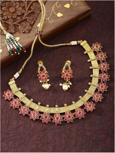 Aheli Bollywood Flower Shape Faux Stone Wedding Necklace Earrings Indian Fashion Jewelry Set Gift for Women in Saudi Arabia