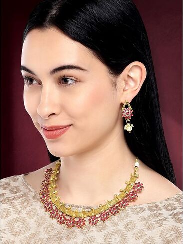 Aheli Bollywood Flower Shape Faux Stone Wedding Necklace Earrings Indian Fashion Jewelry Set Gift for Women in Saudi Arabia