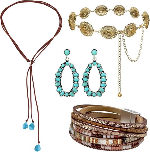 Western Jewelry Set for Women Western Metal Concho Belt Faux Leather Layered Bracelet Cowgirl Accessories Gifts in Saudi Arabia