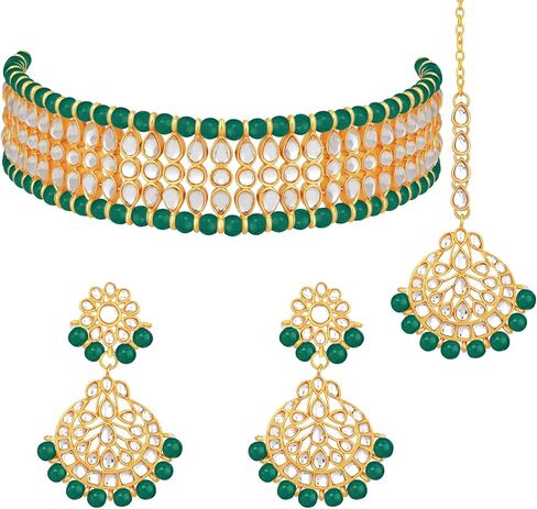 Aheli Indian Wedding Wear Beaded Faux Kundan Pearl Necklace Set with Earrings Maang Tikka Ethnic Fashion Jewelry Gift for Women in Saudi Arabia
