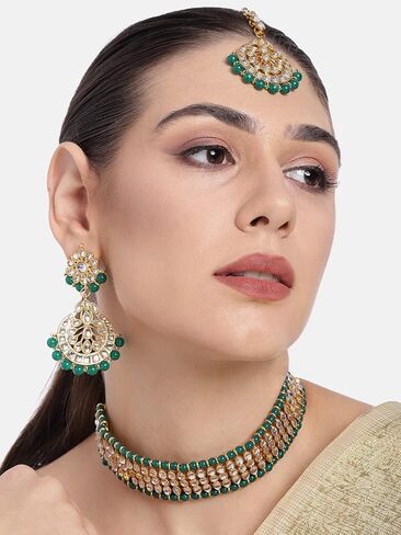 Aheli Indian Wedding Wear Beaded Faux Kundan Pearl Necklace Set with Earrings Maang Tikka Ethnic Fashion Jewelry Gift for Women in Saudi Arabia
