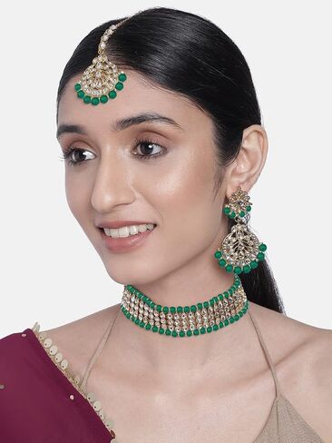 Aheli Indian Wedding Wear Beaded Faux Kundan Pearl Necklace Set with Earrings Maang Tikka Ethnic Fashion Jewelry Gift for Women in Saudi Arabia