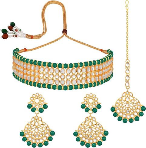 Aheli Indian Wedding Wear Beaded Faux Kundan Pearl Necklace Set with Earrings Maang Tikka Ethnic Fashion Jewelry Gift for Women in Saudi Arabia