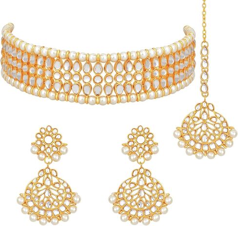 Aheli Indian Wedding Wear Beaded Faux Kundan Pearl Necklace Set with Earrings Maang Tikka Ethnic Fashion Jewelry Gift for Women in Saudi Arabia