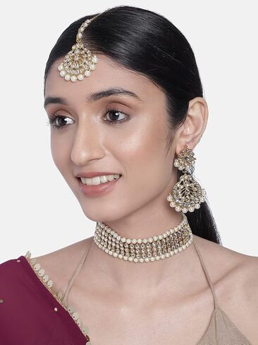 Aheli Indian Wedding Wear Beaded Faux Kundan Pearl Necklace Set with Earrings Maang Tikka Ethnic Fashion Jewelry Gift for Women in Saudi Arabia