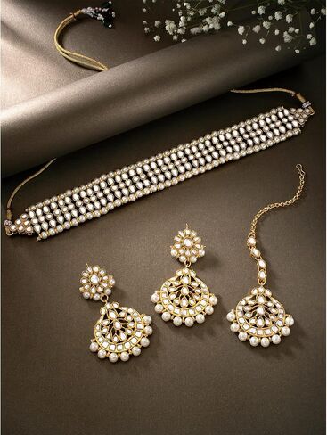 Aheli Indian Wedding Wear Beaded Faux Kundan Pearl Necklace Set with Earrings Maang Tikka Ethnic Fashion Jewelry Gift for Women in Saudi Arabia