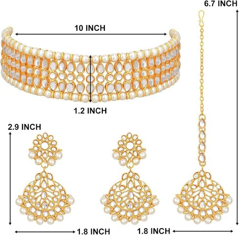 Aheli Indian Wedding Wear Beaded Faux Kundan Pearl Necklace Set with Earrings Maang Tikka Ethnic Fashion Jewelry Gift for Women in Saudi Arabia