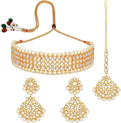 Aheli Indian Wedding Wear Beaded Faux Kundan Pearl Necklace Set with Earrings Maang Tikka Ethnic Fashion Jewelry Gift for Women in Saudi Arabia