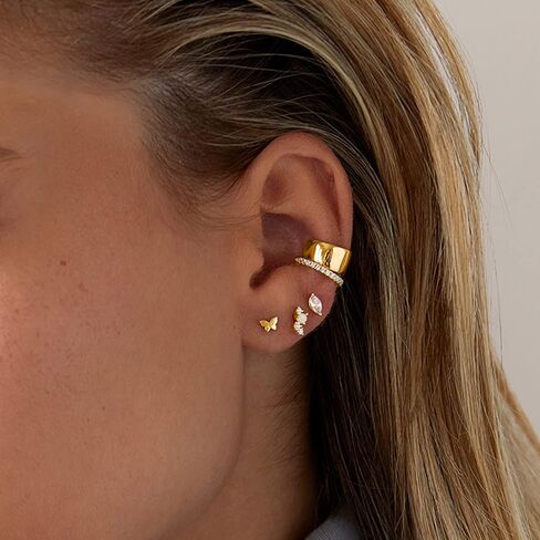 PAVOI 14K Yellow Gold Flash Plated Sterling Silver Sparkling Round Huggie Ear Cuff Earrings & Split Hoop Huggies Set in Saudi Arabia