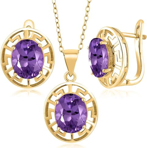 Gem Stone King 18K Yellow Gold Plated Silver 10X8MM Oval Gemstone Birthstone Greek Key Pendant and Earrings Jewelry Set For Women | With 18 Inch Chain in Saudi Arabia