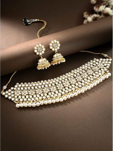Aheli Elegant Indian Traditional Wedding Wear Kundan Pearl Encrusted Choker Necklace Set with Jhumki Earrings Ethnic Bollywood Party for Women (White) in Saudi Arabia