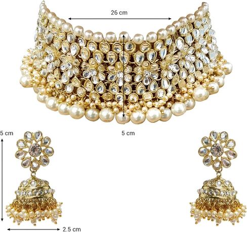 Aheli Elegant Indian Traditional Wedding Wear Kundan Pearl Encrusted Choker Necklace Set with Jhumki Earrings Ethnic Bollywood Party for Women (White) in Saudi Arabia