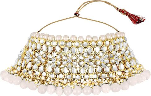 Aheli Elegant Indian Traditional Wedding Wear Kundan Pearl Encrusted Choker Necklace Set with Jhumki Earrings Ethnic Bollywood Party for Women (White) in Saudi Arabia