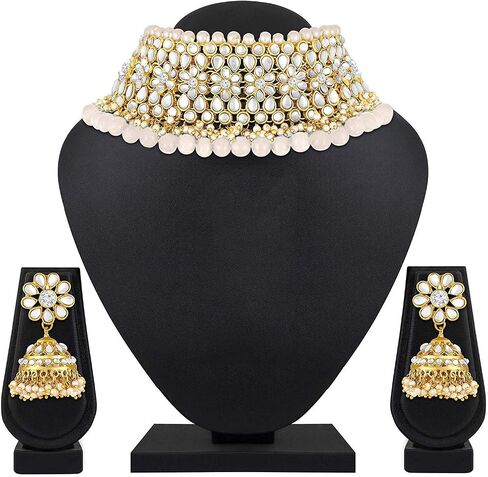 Aheli Elegant Indian Traditional Wedding Wear Kundan Pearl Encrusted Choker Necklace Set with Jhumki Earrings Ethnic Bollywood Party for Women (White) in Saudi Arabia