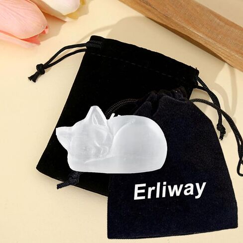Erliway Natural Selenite Sleeping Cat 2.75" Large Selenite Quartz Crystal Cat Figurine Healing Stone Carved Ornaments for Cleansing Protection Spiritual Healing Home Decor in Saudi Arabia