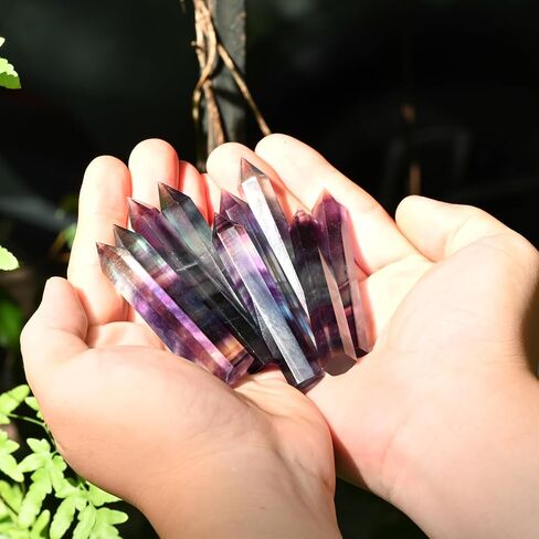 WHAL&YUNE عصا الأحجار الكريمة 3"-3.5"(8-9 سم)، كريستالات عصا سداسية من الفلوريت قوس قزح وأحجار شفاء، برج بلورات حجرية مدببة منحوتة يدويًا الطبيعية لديكور المنزل قطعة واحدة (مدببة مزدوجة) in Kuwait