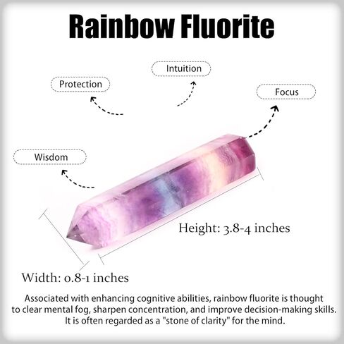 WHAL&YUNE عصا الأحجار الكريمة 3"-3.5"(8-9 سم)، كريستالات عصا سداسية من الفلوريت قوس قزح وأحجار شفاء، برج بلورات حجرية مدببة منحوتة يدويًا الطبيعية لديكور المنزل قطعة واحدة (مدببة مزدوجة) in Kuwait