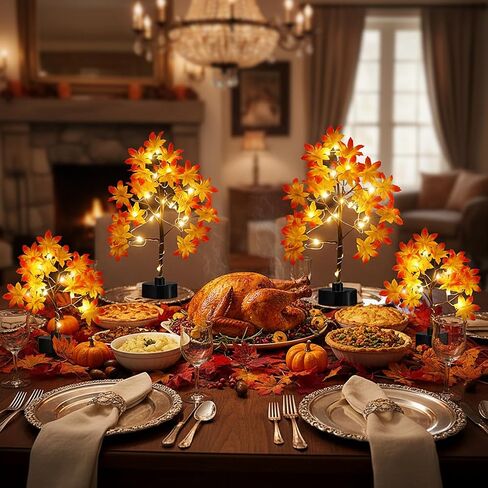Coume 6 Pack Small Fall Lighted Maple Tree Thanksgiving 6inch 8inch 18 LED Light Up Artificial Autumn Table Centerpiece Decoration Wedding Party Gift for Home Fireplace Harvest Tabletop Indoor Decor in Saudi Arabia